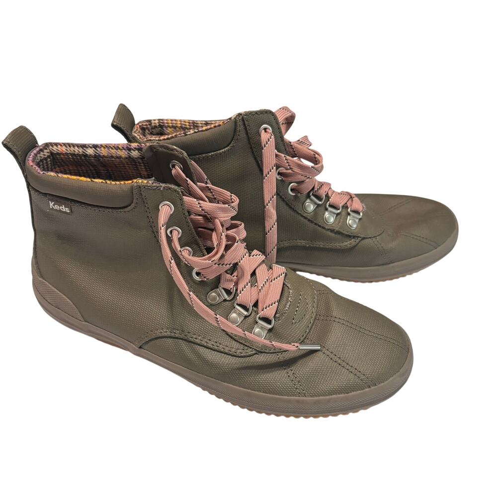 Keds Olive Duck Toe Sneaker Boots Womens 9.5 Lace Up Hiker Boots Plaid Lined